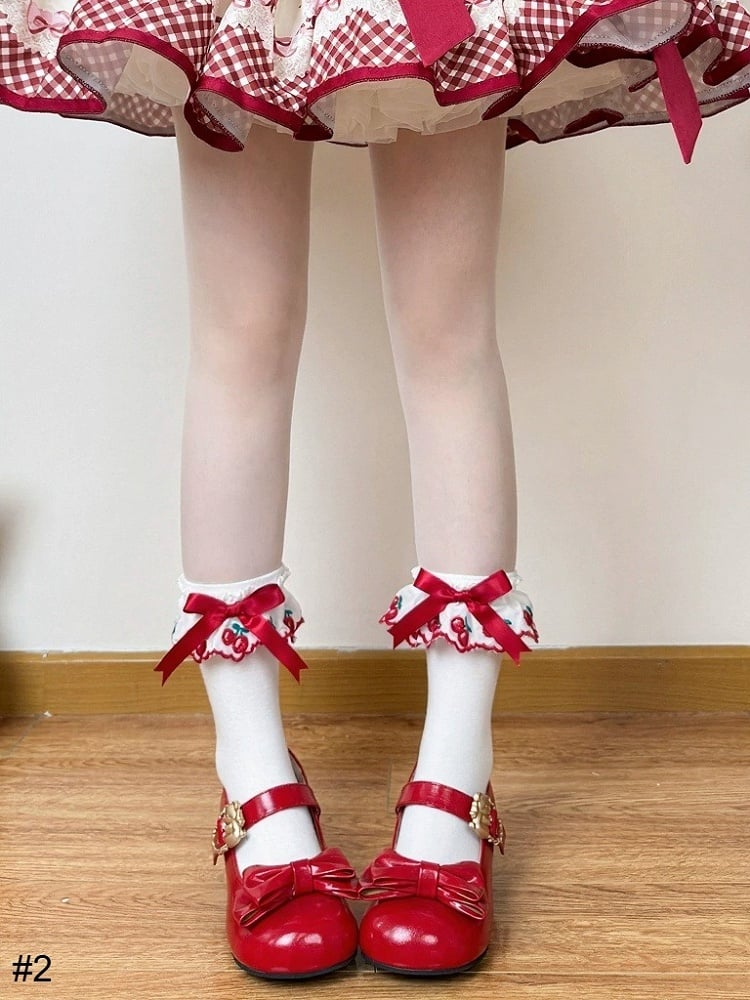 Two-Option Bow Ankle Socks in Red and White with Cherry Pattern - Fat Bear Story