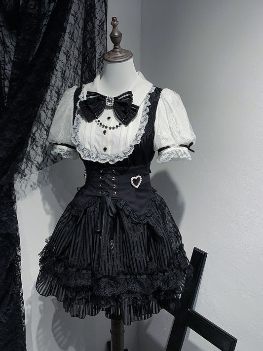 Layered Stripes Jirai Kei White and with Waist Black Three Dress Belt High Lace-up Corset Skirt