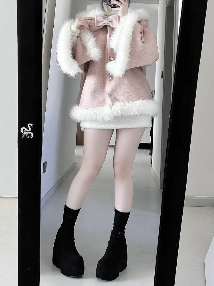 Plush-Trimmed Pink Cape Coat - Jirai Kei Pure Style with Detachable Bunny Ears & Bow Accents
