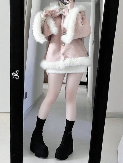 Plush-Trimmed Pink Cape Coat - Jirai Kei Pure Style with Detachable Bunny Ears & Bow Accents