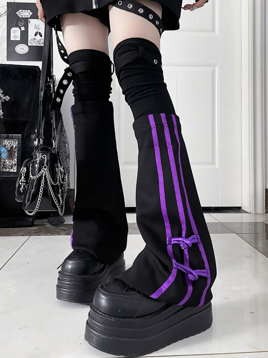 Straps Leg Style Purple Black Gothic Stripes+Knot Warmerswith DetailsBuckle Cheongsam Side