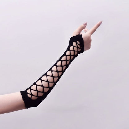 Long Gothic Gloves Black/White Punk Fishnet Style