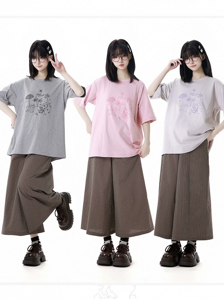 ルーズグラフィティTシャツ パピー ラウンドネック グレー/ピンク/ライトパープル