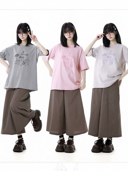 ルーズグラフィティTシャツ パピー ラウンドネック グレー/ピンク/ライトパープル