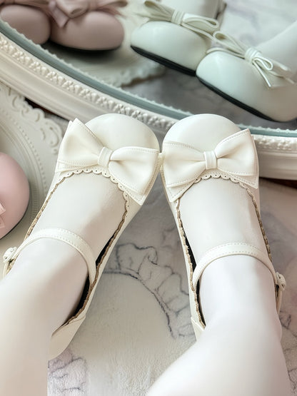 Low-heel Trim with Sweet Bow Mary Lolita Scalloped Accent White Janes