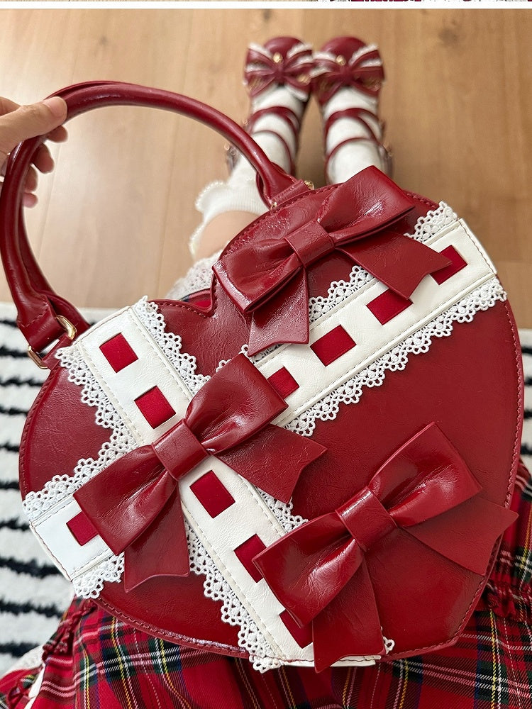 Lolita-Stil Kreuz Linear Details Bowknot mit und Hand Design Abstrakte Rote Tasche Herzförmig