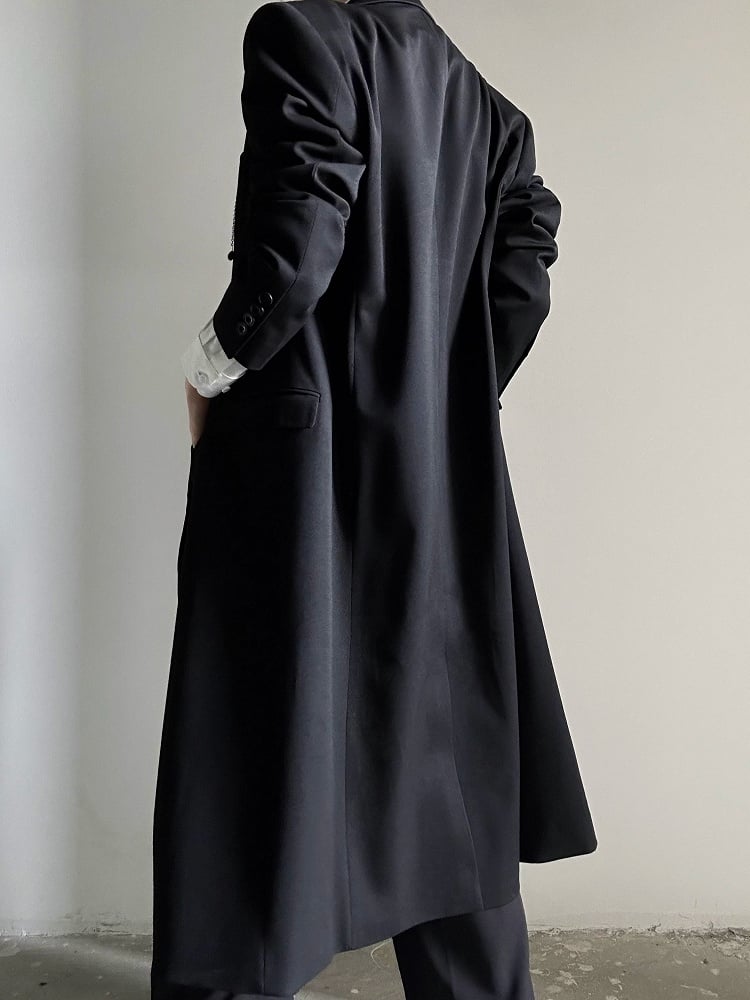 Black Structured Long Trench Coat with Notch Lapel