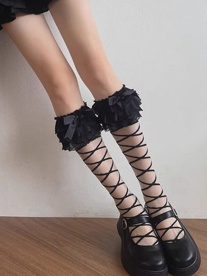 Lace Ruffle Lolita Black Crisscross Calf Style Socks