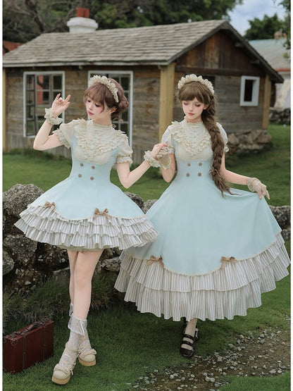 Puff-Sleeve Long Lolita Dress in Beige and Blue with Scalloped Hem and Butterfly Bows - With PUJI