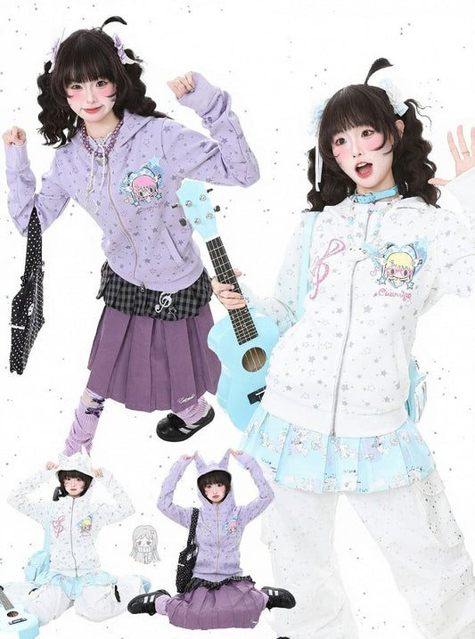 Jacket Print Vintage Star White Cartoon Y2K And Hooded