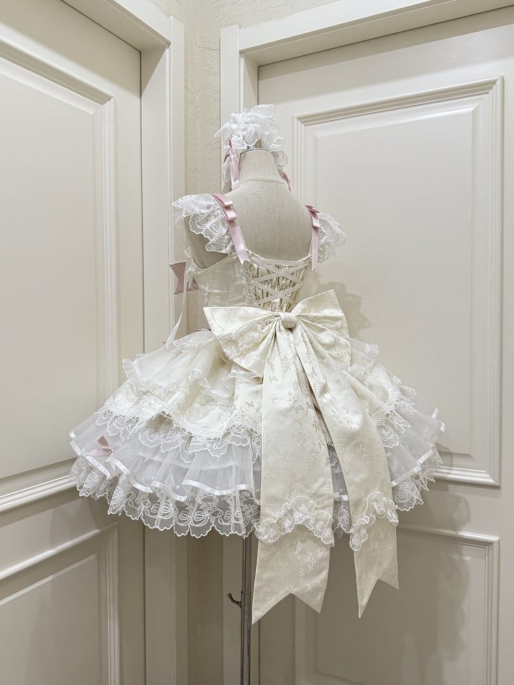 Lace / + Bow Hairband Ruffled JSK Train Princess Dress Apricot Sweet Details with Embossed Jacquard Lolita
