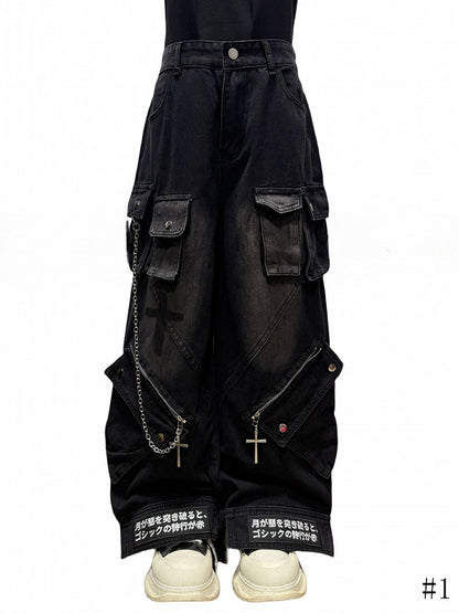 Details Black with Jeans Edge Urban Cargo Faded Zipper Straight-Leg