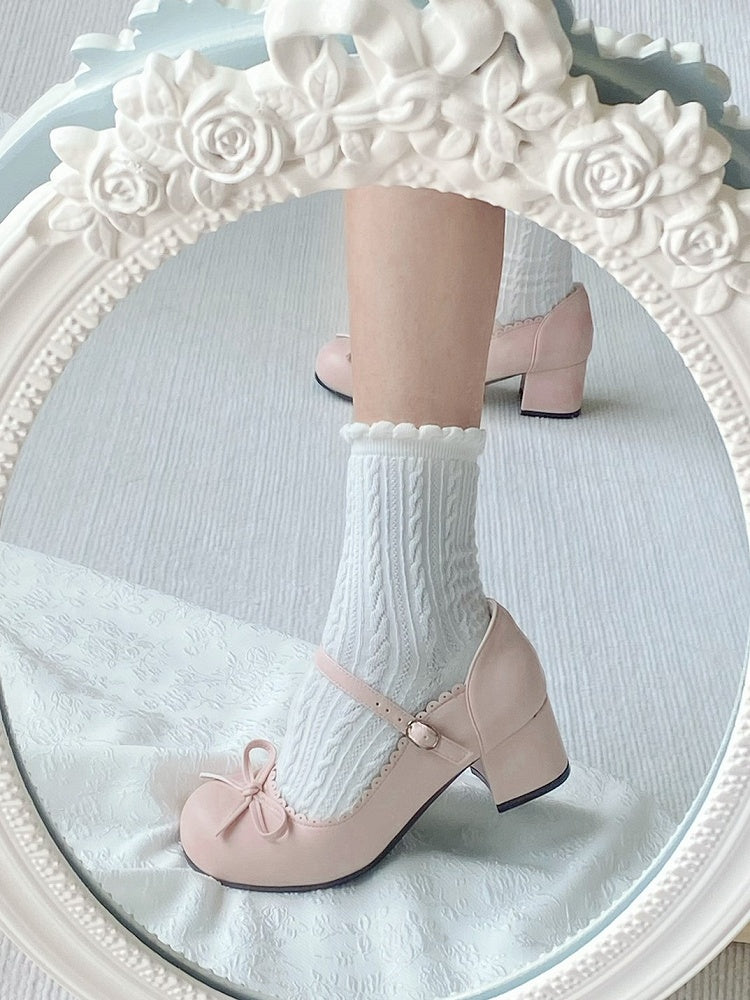 Bow Shoes Sweet Pink 5cm with Scalloped Trim Decor Mid-heel Lolita