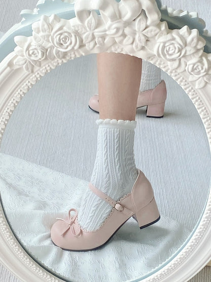 Bow Shoes Sweet Pink 5cm with Scalloped Trim Decor Mid-heel Lolita