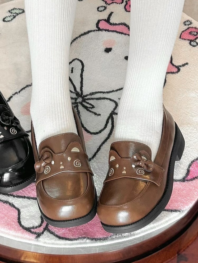 Brown Preppy Style Loafers with Bow Accent & Bear Motif