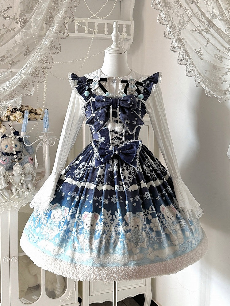 Teddy and Snowflake Print Dark Blue-Light Blue Gradient Winter Sweet Lolita Dress with Fleece Hemline