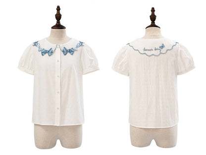 ブルーの蝶結びトリムカラーのホワイト半袖ブラウス