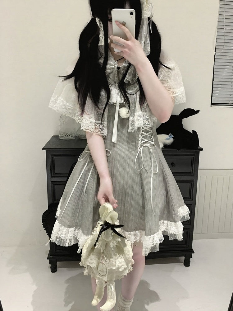 Lace Cape Design Dress with Bow, Short Sleeve, 4 Colors, Landmine - Kitty Bxllet