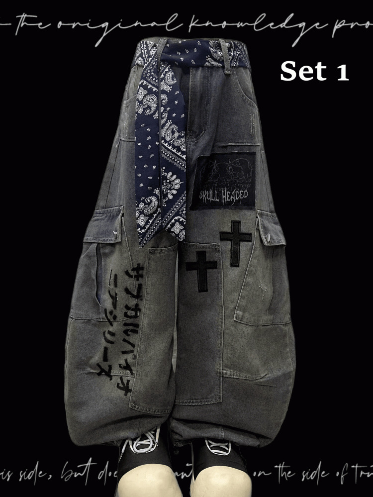 Jeans Blue Cross Applique Wasteland Punk Distressed Weites Bein Cargo