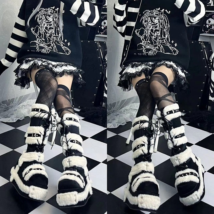 Y2K Details Dual Studded Cross Knee-High Platform Closure Accents Boots 9cm Black with -