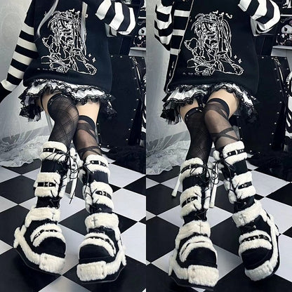 Y2K Details Dual Studded Cross Knee-High Platform Closure Accents Boots 9cm Black with -