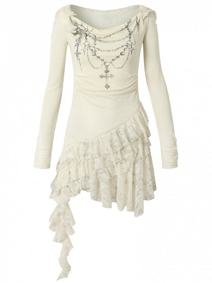 Chain Dress Cross Punk Black/Beige Beaded Wasteland Trim Print Lace