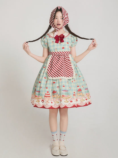 ミントグリーンのハイウエストチェリー＆デザートプリントのスイートロリータギンガムドレス