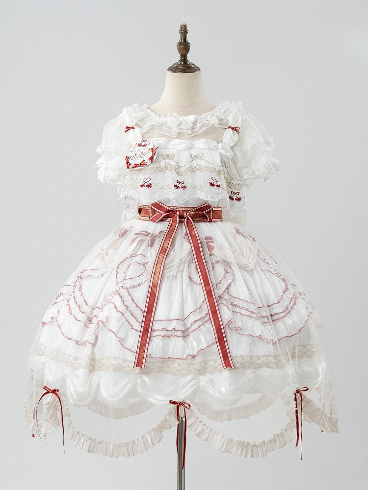 Bowknots Scalloped Red White Edge and Dress Cherry Lolita Embroidered with Overlay Trim Hime