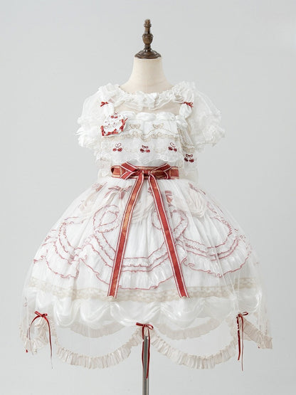 Bowknots Scalloped Red White Edge and Dress Cherry Lolita Embroidered with Overlay Trim Hime