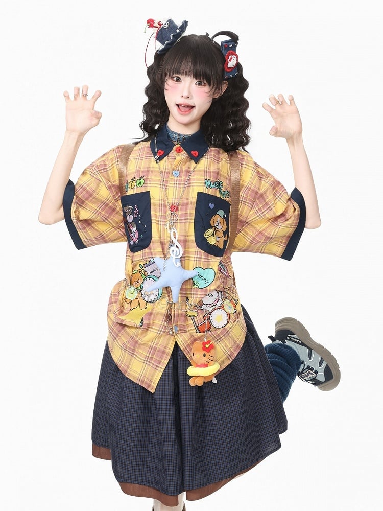 Yellow Plaid Short Sleeve Shirt with Puppy Embroidery - Languid Park