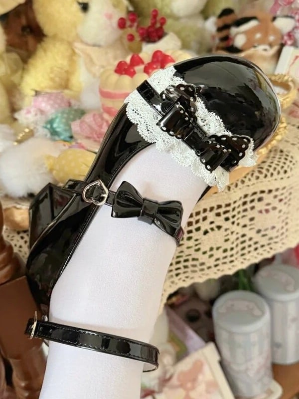 Black Butterfly Bow Round Toe Lolita Mary Jane Strap Heels - MUMA Lolita