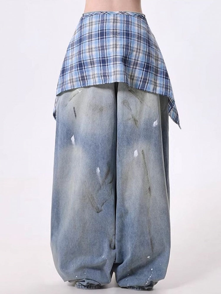 Handkerchief with Plaid Blue Hem Jeans Distressed Wide-Leg Detachable Skirt
