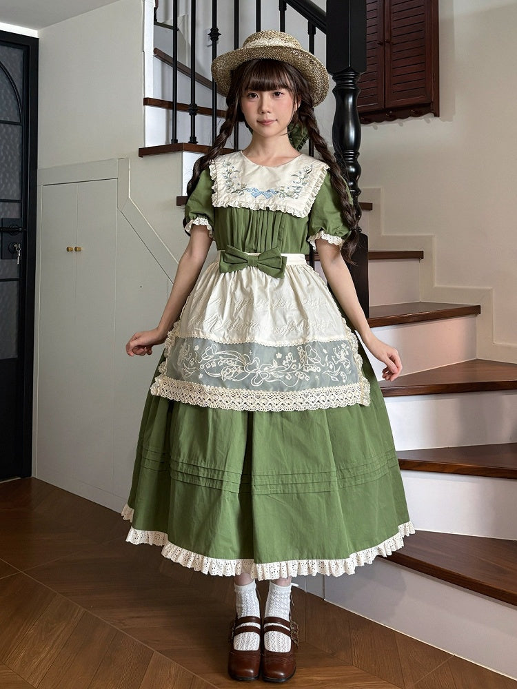 Green Cotton Floral OP Dress with Detachable Lace Apron
