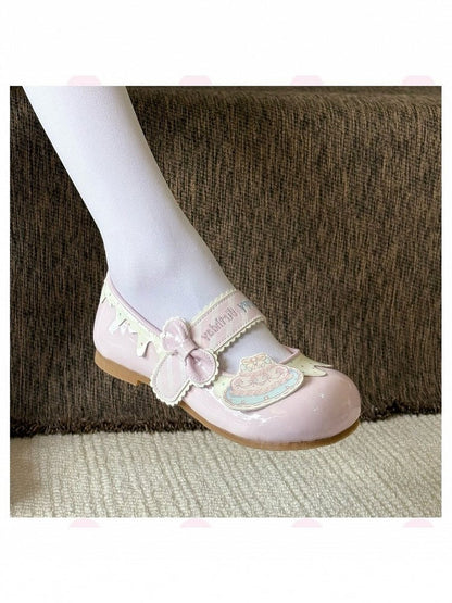 Pink Kawaii Polka Dot & Bowknot Flat Shoes with Happy Birthday Embroidery - Fairy Godmother