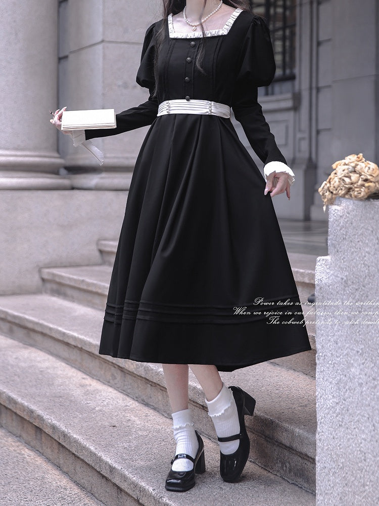 Sleeves Black Square Vintage Neck Midi Dress Elegant Juliet