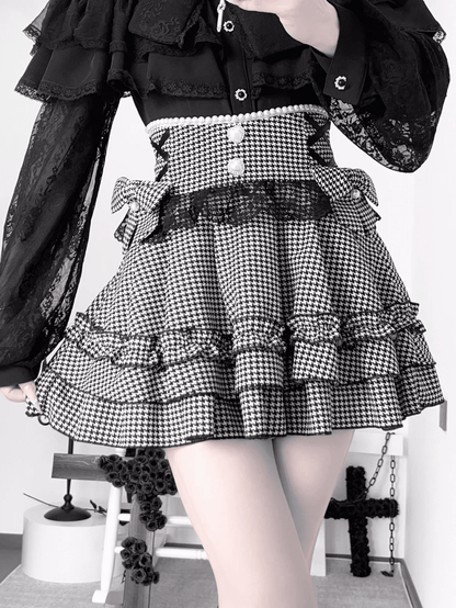 Kei High-Waist Skirt:Elegant Houndstooth Black Laceand Designwith Beading Jirai