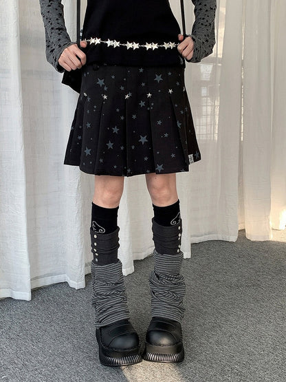 Gray/Black Y2K Pleated Skirt with Star Pattern - Solkatt