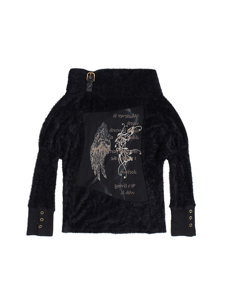 Punk Print Wing Off-Shoulder Strap Knit Top with Sleeves Batwing Black Buckle