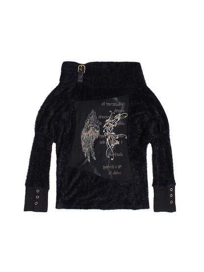 Punk Print Wing Off-Shoulder Strap Knit Top with Sleeves Batwing Black Buckle