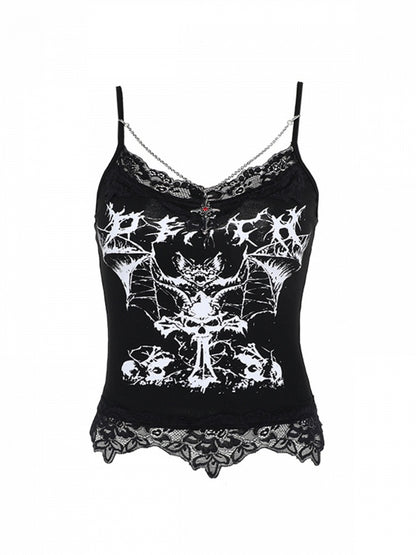 Black Cross Bat Halloween Pendant with Print Cami Chain Lace Trim Gothic Y2K Top