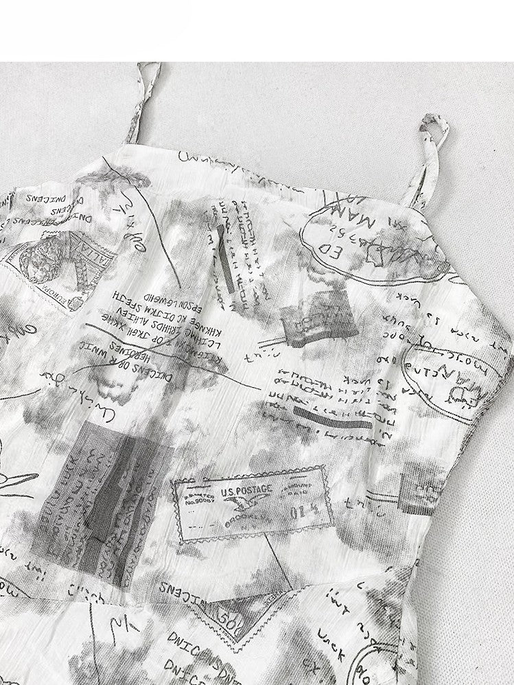 Letter Asymmetrical Hem White With Print Cami Dress