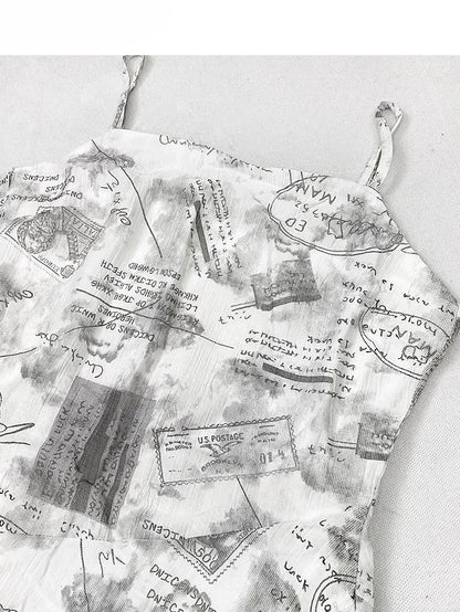 Letter Asymmetrical Hem White With Print Cami Dress