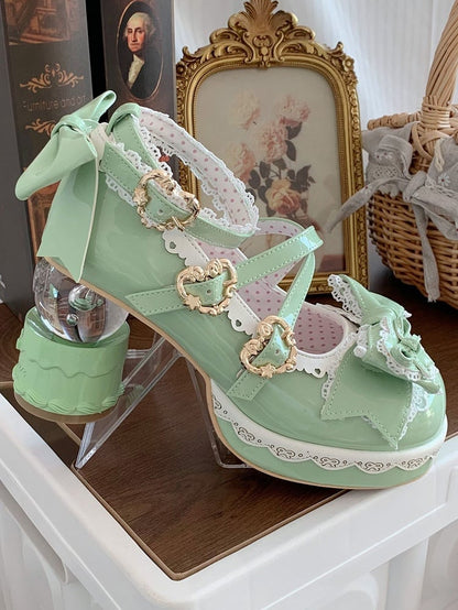 Green in Sweet Lace-trimmed Bow Platform Transparent Heels Ball - Lolita Light Shoes