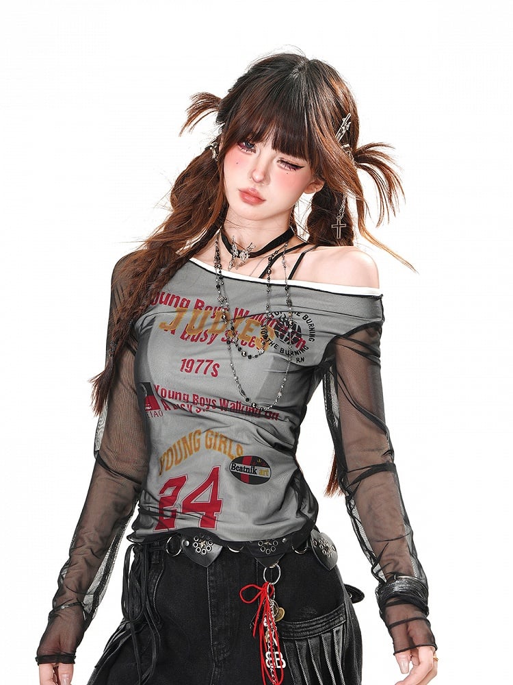 Black/White Number Glamorous Top with Mesh Overtop