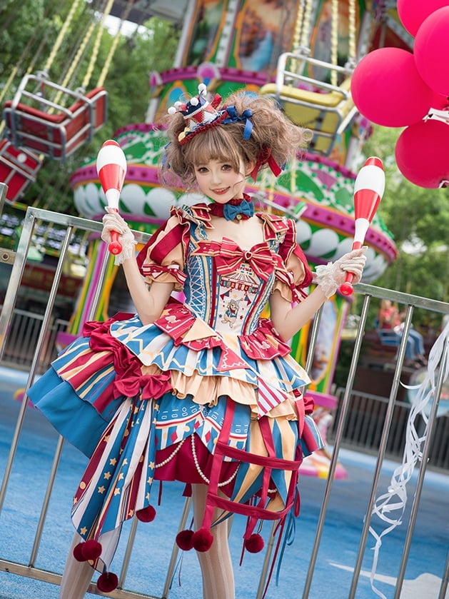 with Skirt Blue Jumper Sweet Dress Bunny Circus Embroidery and Sleeves Detachable Lolita Puff Red