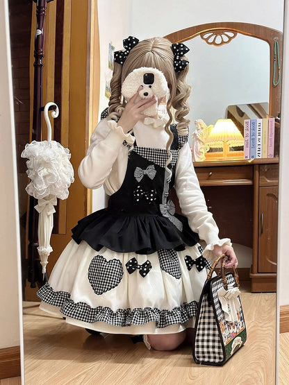 Schwarzes Gingham Lolita-Overallkleid mit süßer Schleife