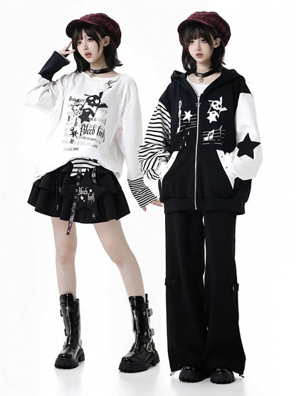and Zipper Star Zip-Up Black Graffiti with Hoodie Applique Y2K