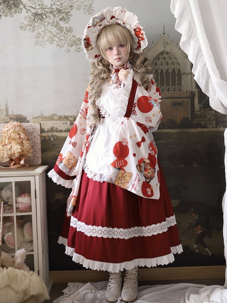 + Design Print Trimmed Set Wa Lolita Bear Beige Lace Top Crossover Dress JSK Red