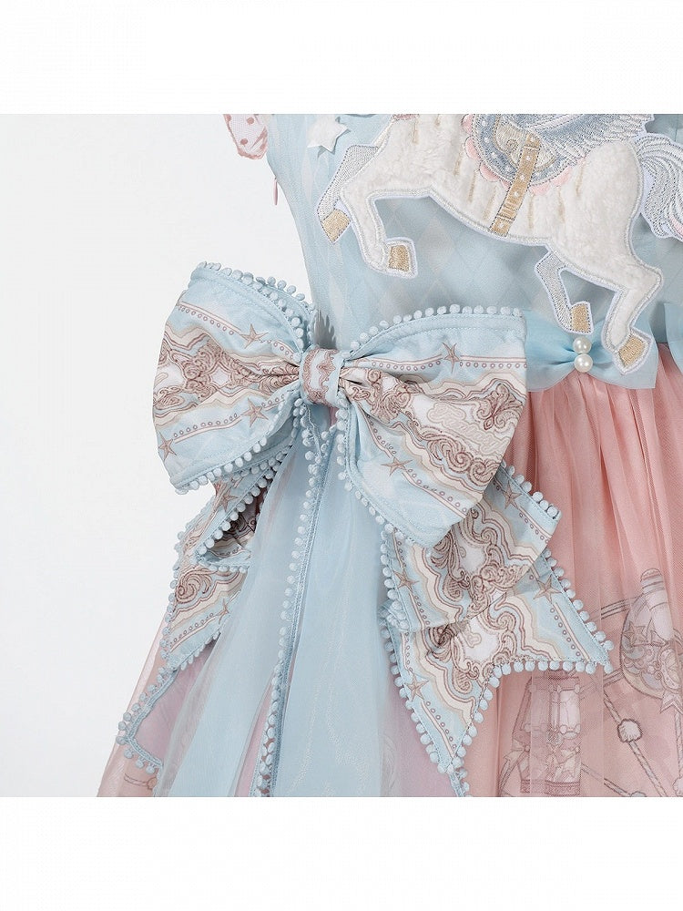 Amusement Park Themed Sleeveless Lolita Frock in Sweet Pink & Blue with Lace Choker - Xiong Dou Jiang