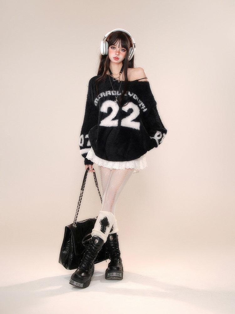 Core Clearance-Size Blokette Bust Mohair Pullover Asymmetrisches Schwarzes Muster für M Nummer 61CM Ausschnitt
